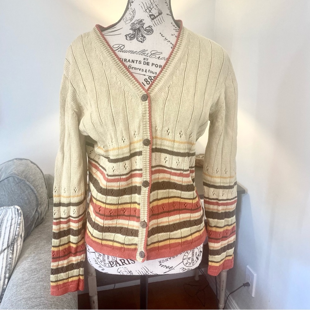 Dana b and Karen Size Med Striped Linen Blend Button Down Cardigan Prepp